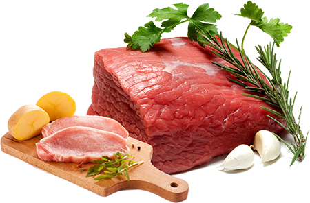 Raw meat cuts on a wooden board