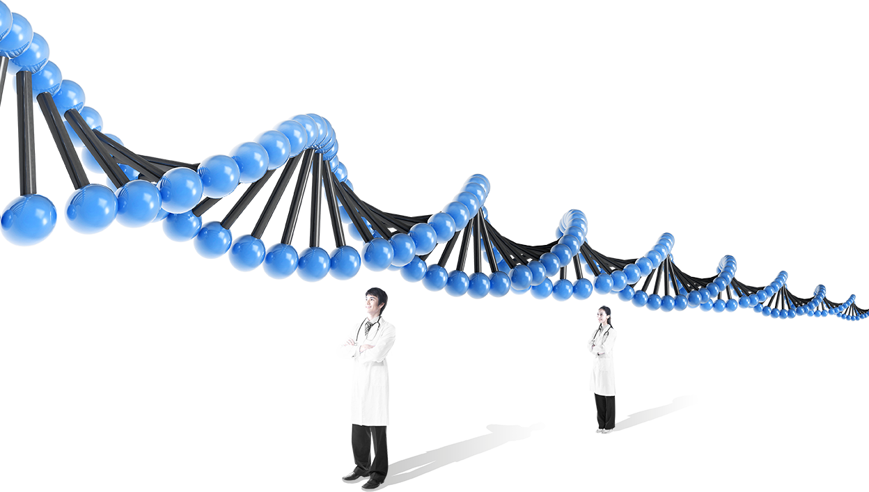 Illustration of a DNA double helix with two researchers