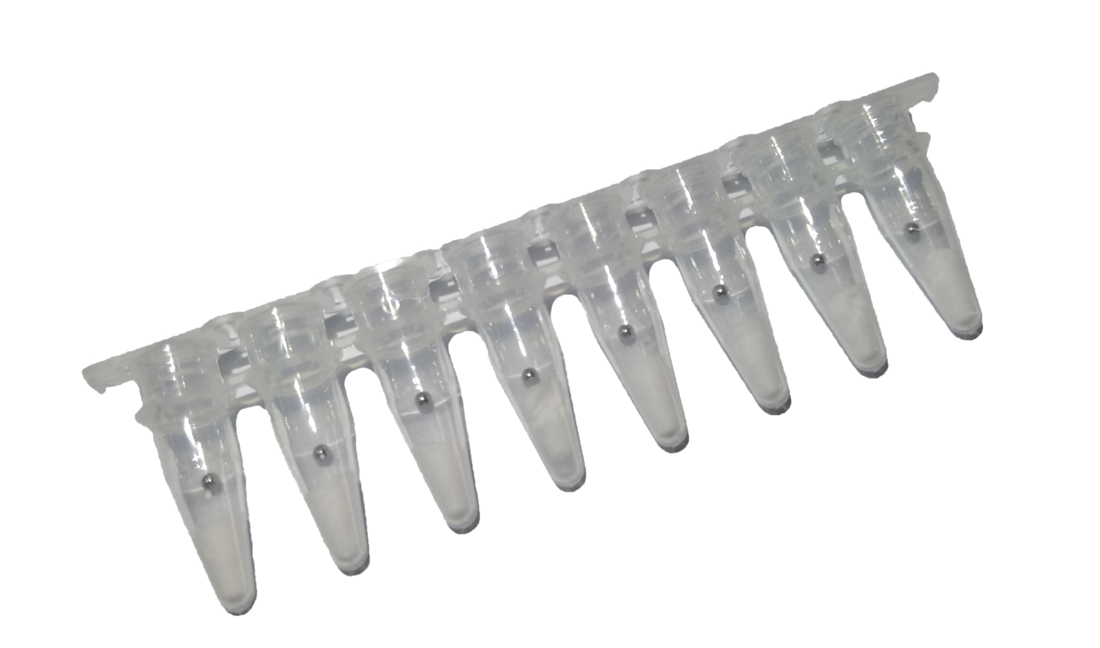8-strip reaction tubes containing lyophilised RAA reagent pellets